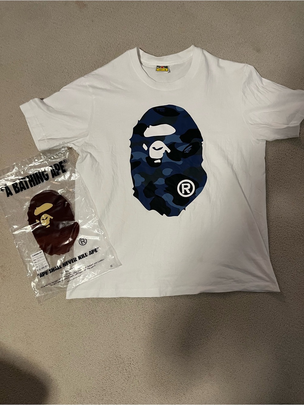 BAPE Men’s White T-Shirt with Navy Blue Camo Ape Head Graphic